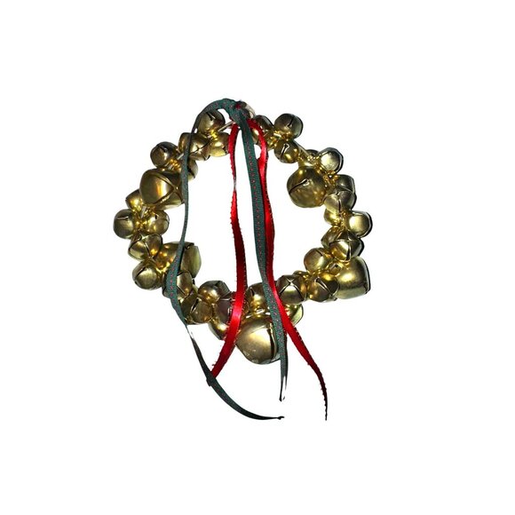 Gold Jingle Bell Wreath With Red & Green Ribbon Accents - Picture 3 of 5